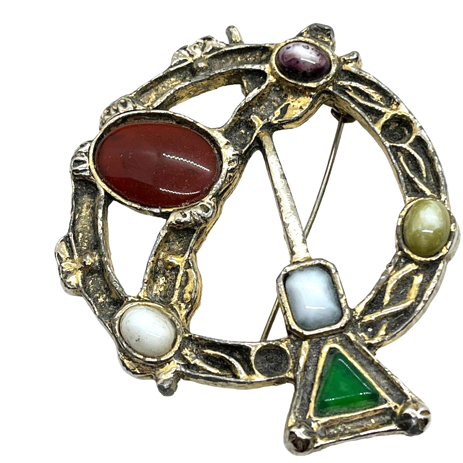 Celtic Brooch Pin Retro Penannular Distressed Gold Tone Acrylic And Stone 